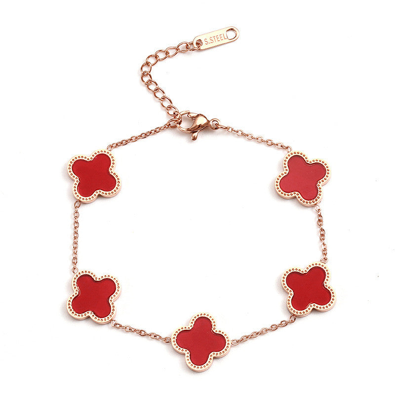 Women Jewelry 18k Gold Filled Stainless Steel Four Leaf Red Clover Bracelet