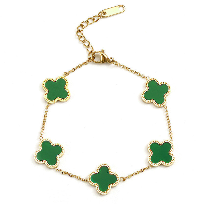 Women Jewelry 18k Gold Filled Stainless Steel Green Four Leaf Clover Bracelet
