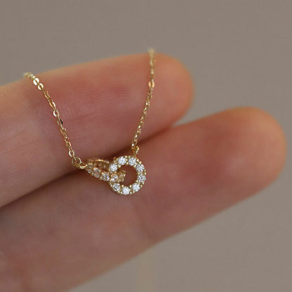 Exquisite 14K Gold Plated S925 Sterling Silver Interlocking Diamond Double Ring Pendant Necklace Women