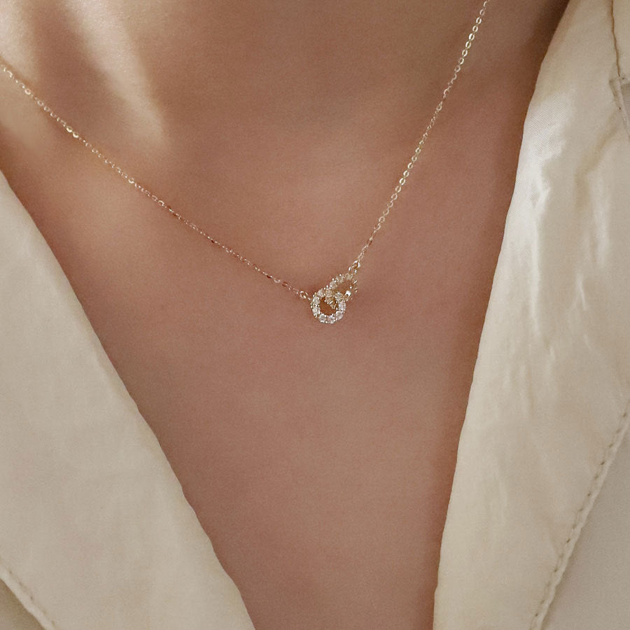 Exquisite 14K Gold Plated S925 Sterling Silver Interlocking Diamond Double Ring Pendant Necklace Women