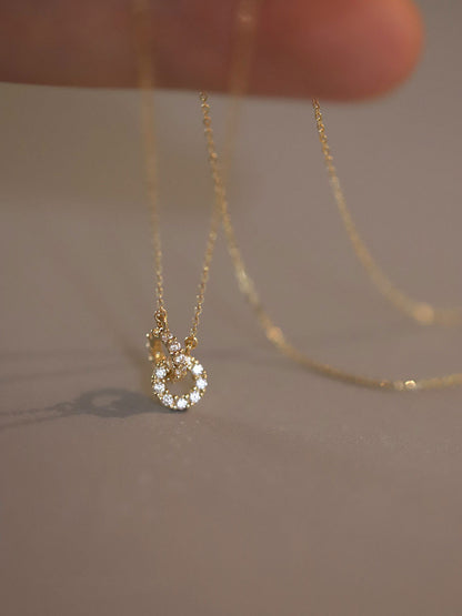 Exquisite 14K Gold Plated S925 Sterling Silver Interlocking Diamond Double Ring Pendant Necklace Women