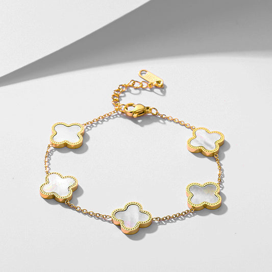 Women Jewelry 18k Gold Filled Stainless Steel Four off white Leaf Clover Bracelet